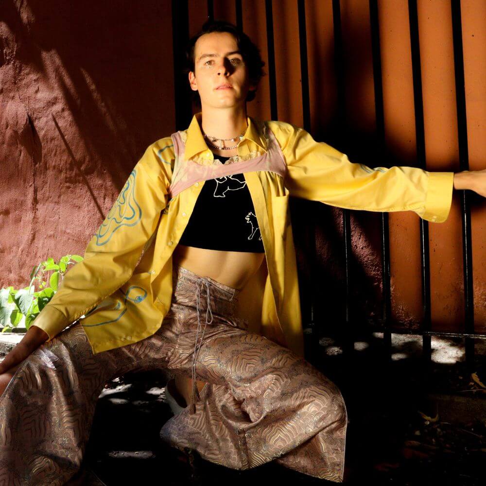 "Yellow River" Hand-Drawn Up-cycled Angela Wheeler Button Down
